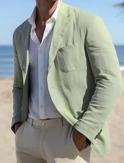 Men's Linen Blazer Sport Coat Notch Collar Lightweight Casual Solid Colored Linen Blazer Sage Light Grey Beige Tailored Fit Single Breasted One-button