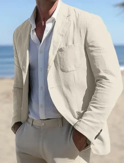 Men's Linen Blazer Sport Coat Notch Collar Lightweight Casual Solid Colored Linen Blazer Sage Light Grey Beige Tailored Fit Single Breasted One-button