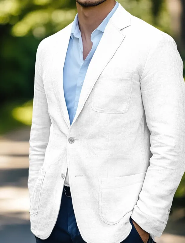 Men's Linen Blazer Sport Coat Wedding Casual Daily Fashion All Seasons Cotton Linen Solid Colored Basic Single Breasted Two-button Blazer White Sky Blue Beige