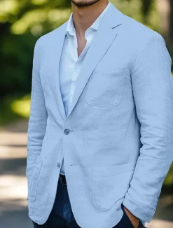 Men's Linen Blazer Sport Coat Wedding Casual Daily Fashion All Seasons Cotton Linen Solid Colored Basic Single Breasted Two-button Blazer White Sky Blue Beige