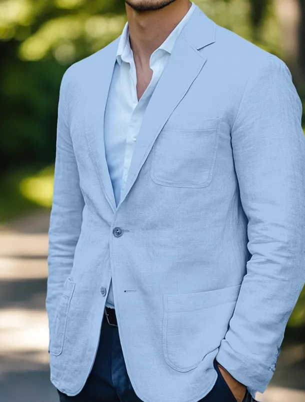 Men's Linen Blazer Sport Coat Wedding Casual Daily Fashion All Seasons Cotton Linen Solid Colored Basic Single Breasted Two-button Blazer White Sky Blue Beige