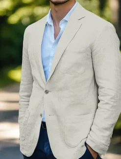 Men's Linen Blazer Sport Coat Wedding Casual Daily Fashion All Seasons Cotton Linen Solid Colored Basic Single Breasted Two-button Blazer White Sky Blue Beige