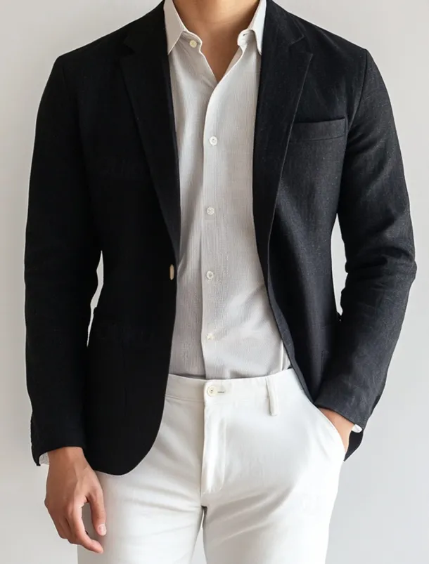 Men's Linen Blazer Sport Coat Notch Collar Fashion Casual Solid Colored Linen Blazer Black Standard Fit Single Breasted One-button