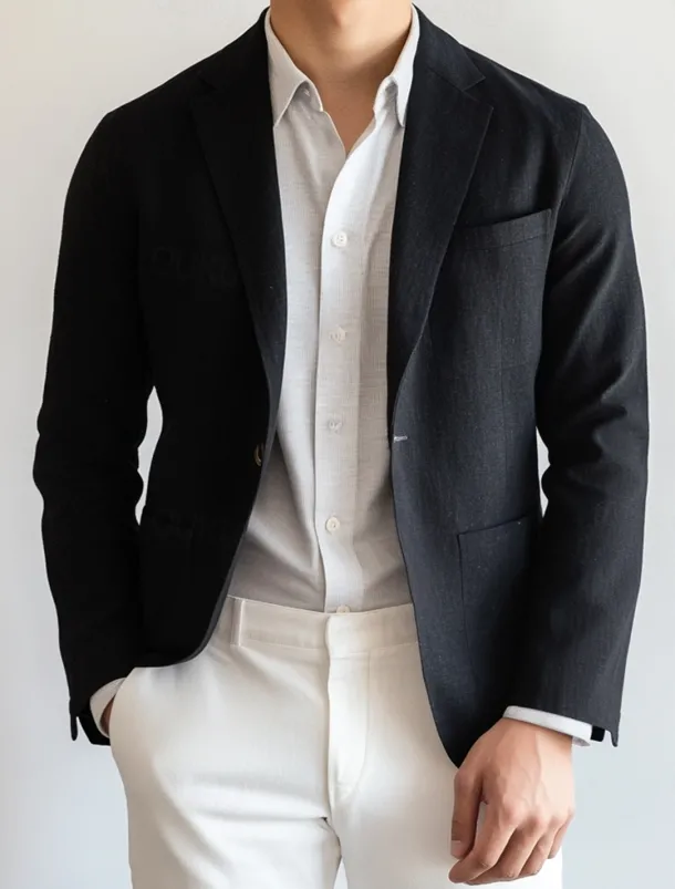 Men's Linen Blazer Sport Coat Notch Collar Fashion Casual Solid Colored Linen Blazer Black Standard Fit Single Breasted One-button