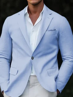 Men's Linen Blazer Sport Coat Wedding Guest Casual Daily Fashion All Seasons Linen Cotton Blend Solid Colored Basic Single Breasted Blazer Sky Blue Light Grey