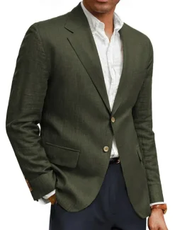 Men's Linen Blazer Sport Coat Notch Collar Fashion Casual Solid Colored Linen Blazer Army Green Standard Fit Single Breasted Two-buttons