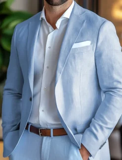 Men's Linen Blazer Sport Coat Notch Collar Fashion Casual Solid Colored Blazer Sky Blue Standard Fit Single Breasted One-button