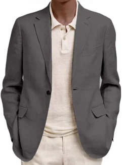 Men's Linen Blazer Sport Coat Notch Collar Fashion Solid Colored Blazer Lake blue Black Navy Blue Standard Fit Single Breasted One-button