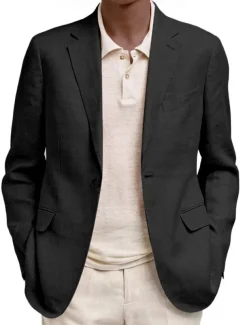 Men's Linen Blazer Sport Coat Notch Collar Fashion Solid Colored Blazer Lake blue Black Navy Blue Standard Fit Single Breasted One-button