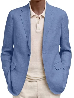 Men's Linen Blazer Sport Coat Notch Collar Fashion Solid Colored Blazer Lake blue Black Navy Blue Standard Fit Single Breasted One-button
