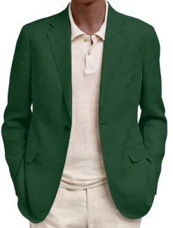 Men's Linen Blazer Sport Coat Notch Collar Fashion Solid Colored Blazer Lake blue Black Navy Blue Standard Fit Single Breasted One-button