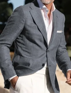 Men's Linen Blazer Sport Coat Notch Collar Fashion Casual Solid Colored Linen Blazer Dusty Blue Army Green Standard Fit Single Breasted Two-buttons