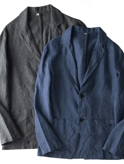 Men's Linen Blazer Suits Wedding Anniversary Vacation Elegant Neutral Spring & Fall Cotton Linen Solid Color Buttons Comfy Single Breasted Two-button Blazer Dark Gray Navy Blue