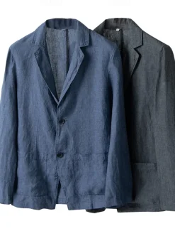 Men's Linen Blazer Suits Wedding Anniversary Vacation Elegant Neutral Spring & Fall Cotton Linen Solid Color Buttons Comfy Single Breasted Two-button Blazer Dark Gray Navy Blue
