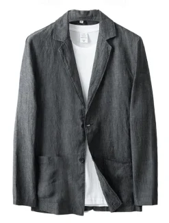 Men's Linen Blazer Suits Wedding Anniversary Vacation Elegant Neutral Spring & Fall Cotton Linen Solid Color Buttons Comfy Single Breasted Two-button Blazer Dark Gray Navy Blue