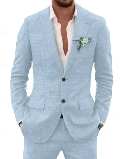 Men's Linen Linen Suits Notch Sky Blue Beige Solid Colored Tailored Fit 2 Piece Single Breasted Two-buttons