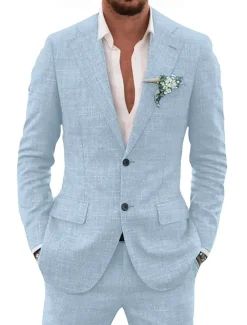 Men's Linen Linen Suits Notch Sky Blue Beige Solid Colored Tailored Fit 2 Piece Single Breasted Two-buttons