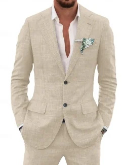Men's Linen Linen Suits Notch Sky Blue Beige Solid Colored Tailored Fit 2 Piece Single Breasted Two-buttons