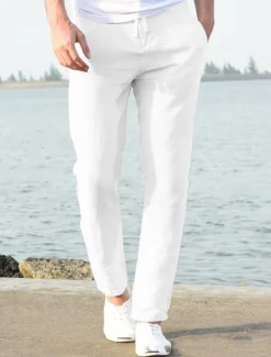 Men's Linen Pants Beach Pants Black White Blue M L XL