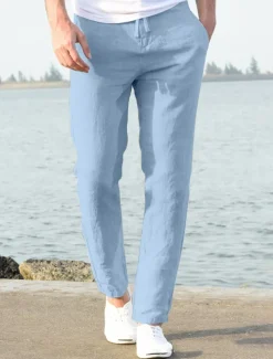 Men's Linen Pants Beach Pants Black White Blue M L XL