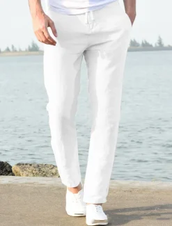 Men's Linen Pants Beach Pants Black White Blue M L XL