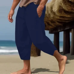 Men's Linen Pants Capri Pants Pocket Drawstring Elastic Waist Plain Comfort Breathable Calf-Length Vacation Daily Holiday Hawaiian Boho ArmyGreen Black