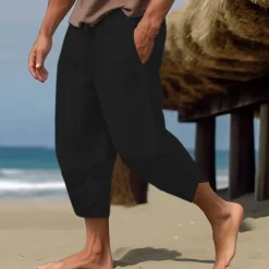 Men's Linen Pants Capri Pants Pocket Drawstring Elastic Waist Plain Comfort Breathable Calf-Length Vacation Daily Holiday Hawaiian Boho ArmyGreen Black