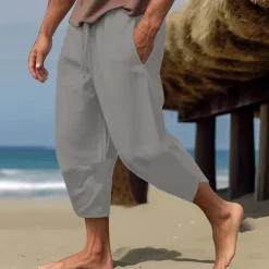 Men's Linen Pants Capri Pants Pocket Drawstring Elastic Waist Plain Comfort Breathable Calf-Length Vacation Daily Holiday Hawaiian Boho ArmyGreen Black