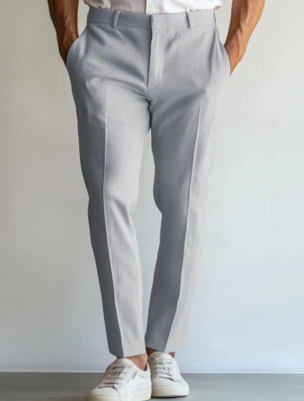 Men's Linen Pants Dress Pants Summer Straight Leg Plain Breathable Casual Holiday Fashion Sky Blue Light Grey Beige