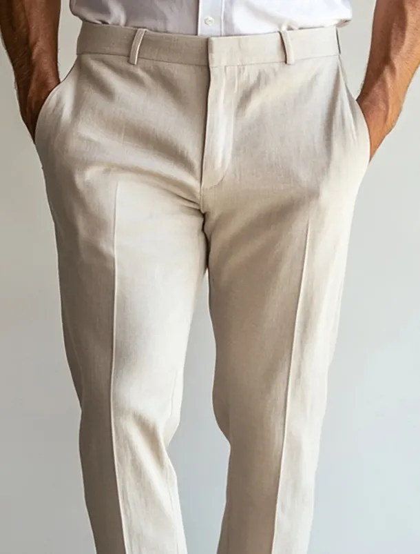 Men's Linen Pants Dress Pants Summer Straight Leg Plain Breathable Casual Holiday Fashion Sky Blue Light Grey Beige