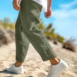 Men's Linen Pants Summer Pants Cropped Pants Beach Pants Drawstring Elastic Waist Plain Comfort Breathable Calf-Length Casual Daily Holiday Fashion Classic Style Black White