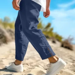 Men's Linen Pants Summer Pants Cropped Pants Beach Pants Drawstring Elastic Waist Plain Comfort Breathable Calf-Length Casual Daily Holiday Fashion Classic Style Black White