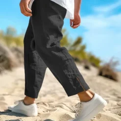 Men's Linen Pants Summer Pants Cropped Pants Beach Pants Drawstring Elastic Waist Plain Comfort Breathable Calf-Length Casual Daily Holiday Fashion Classic Style Black White