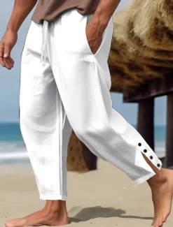 Men's Linen Pants Trousers Summer Pants Beach Pants Buttons Drawstring Elastic Waist Plain Comfort Breathable Full Length Casual Daily Holiday Fashion Classic Style White Blue