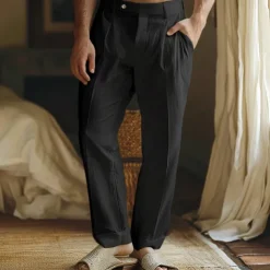 Men's Linen Pants Trousers Summer Pants Front Pocket Straight Leg Plain Comfort Breathable Casual Daily Holiday Fashion Basic Black White