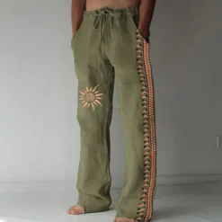 Men's Linen Pants Trousers Summer Pants Beach Pants Drawstring Elastic Waist 3D Print Geometric Pattern Graphic Prints Comfort Casual Daily Holiday Vintage Ethnic Style Black Navy Blue