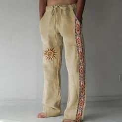 Men's Linen Pants Trousers Summer Pants Beach Pants Drawstring Elastic Waist 3D Print Geometric Pattern Graphic Prints Comfort Casual Daily Holiday Vintage Ethnic Style Black Navy Blue