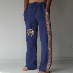 Men's Linen Pants Trousers Summer Pants Beach Pants Drawstring Elastic Waist 3D Print Geometric Pattern Graphic Prints Comfort Casual Daily Holiday Vintage Ethnic Style Black Navy Blue