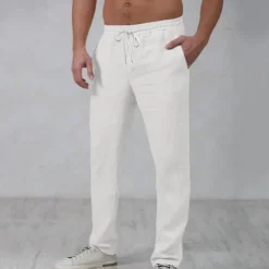 Men's Linen Pants Trousers Summer Pants Beach Pants Drawstring Elastic Waist Straight Leg Plain Comfort Outdoor Casual Daily Streetwear Stylish White Navy Blue
