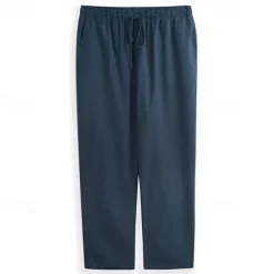 Men's Linen Pants Trousers Summer Pants Beach Pants Drawstring Elastic Waist Straight Leg Plain Comfort Outdoor Casual Daily Streetwear Stylish White Navy Blue