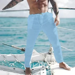 Men's Linen Pants Trousers Summer Pants Beach Pants Front Pocket Straight Leg Plain Comfort Breathable Casual Daily Holiday Fashion Basic Black White