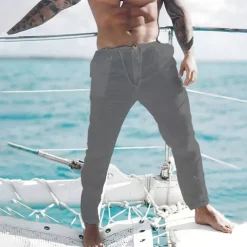 Men's Linen Pants Trousers Summer Pants Beach Pants Front Pocket Straight Leg Plain Comfort Breathable Casual Daily Holiday Fashion Basic Black White