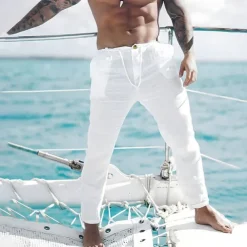 Men's Linen Pants Trousers Summer Pants Beach Pants Front Pocket Straight Leg Plain Comfort Breathable Casual Daily Holiday Fashion Basic Black White