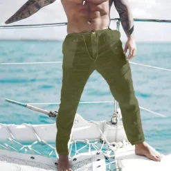 Men's Linen Pants Trousers Summer Pants Beach Pants Front Pocket Straight Leg Plain Comfort Breathable Casual Daily Holiday Fashion Basic Black White