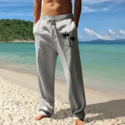Men's Linen Pants Trousers Summer Pants Beach Pants Pocket Drawstring Elastic Waist Coconut Tree Comfort Breathable Vacation Daily Holiday Hawaiian Boho Black White