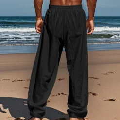 Men's Linen Pants Trousers Summer Pants Beach Pants Pocket Drawstring Elastic Waist Coconut Tree Comfort Breathable Vacation Daily Holiday Hawaiian Boho Black White