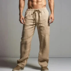 Men's Linen Pants Trousers Summer Pants Beach Pants Elastic Waist Drawstring Straight Leg Plain Comfort Breathable Full Length Casual Daily Holiday Fashion Classic Style Black White