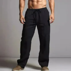 Men's Linen Pants Trousers Summer Pants Beach Pants Elastic Waist Drawstring Straight Leg Plain Comfort Breathable Full Length Casual Daily Holiday Fashion Classic Style Black White