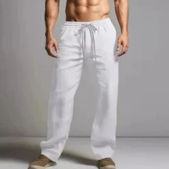 Men's Linen Pants Trousers Summer Pants Beach Pants Elastic Waist Drawstring Straight Leg Plain Comfort Breathable Full Length Casual Daily Holiday Fashion Classic Style Black White
