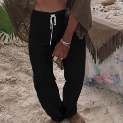 Men's Linen Pants Trousers Summer Pants Pocket Drawstring Elastic Waist Plain Comfort Breathable Vacation Daily Holiday Fashion Classic Style Black White Micro-elastic